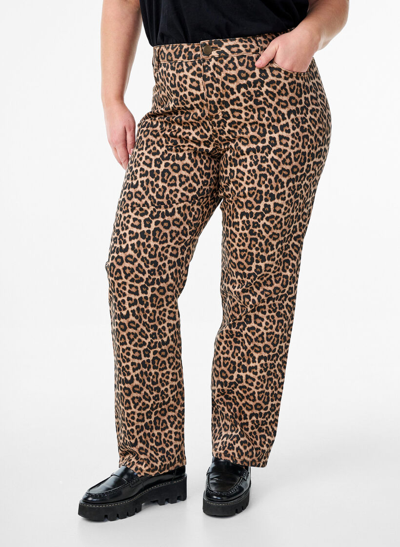 Leopard Jeans mit normaler Taille, Braun, Model image number 2