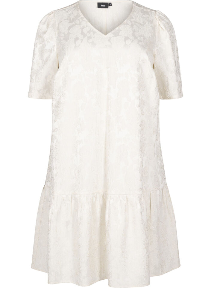 Knielanges Kleid aus Jacquard mit kurzen Ärmeln, Whisper White, Packshot image number 0