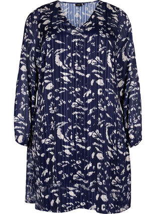 Langärmliges Kleid mit V-Ausschnitt und Druck, Blue Leaf AOP, Packshot image number 0