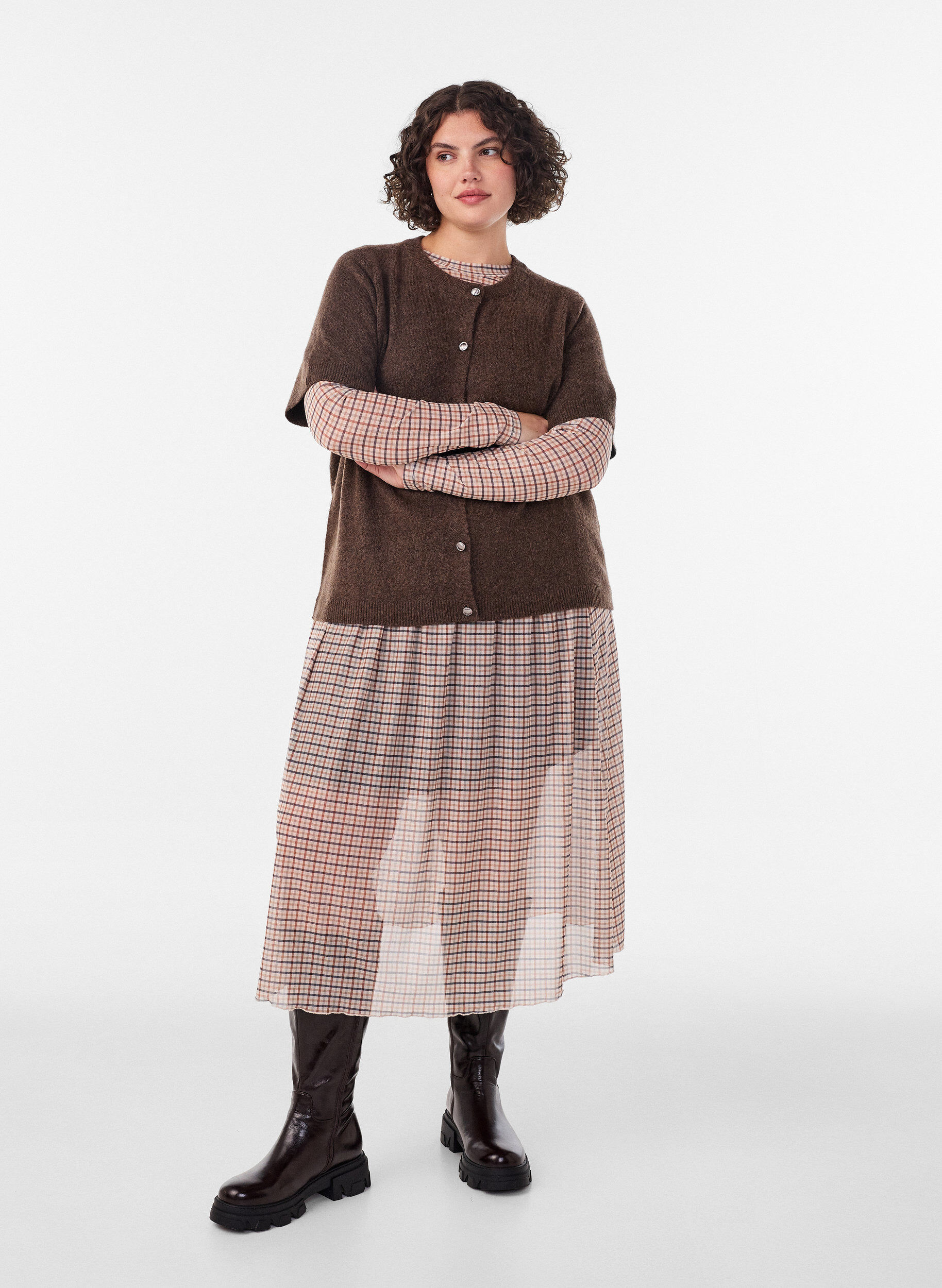 Karierter Midi-Rock aus Mesh, Beige, Model