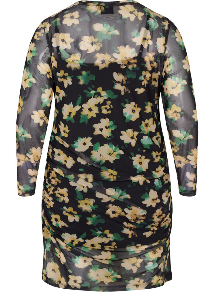 Eng anliegendes Netzkleid mit 3/4-&Auml;rmeln, Yellow Green AOP, Packshot image number 1