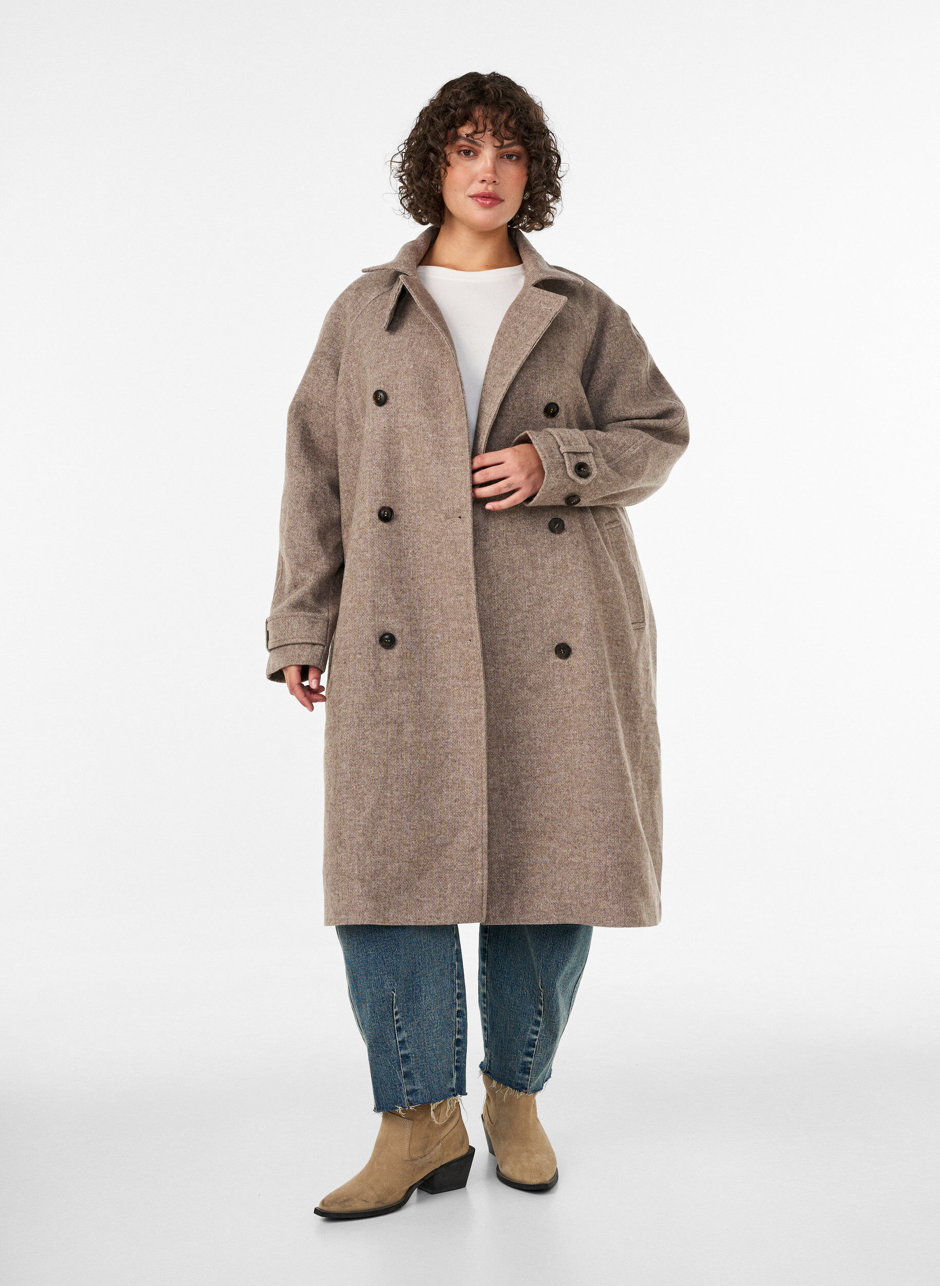 ZizziLanger Wollmantel mit hohem Kragen und doppelreihigem Design, Braun, Model image number 1