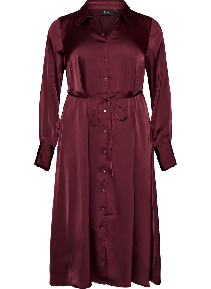 Hemdblusenkleid aus Satin mit einem Bindeg&uuml;rtel, Rot, Packshot image number 0