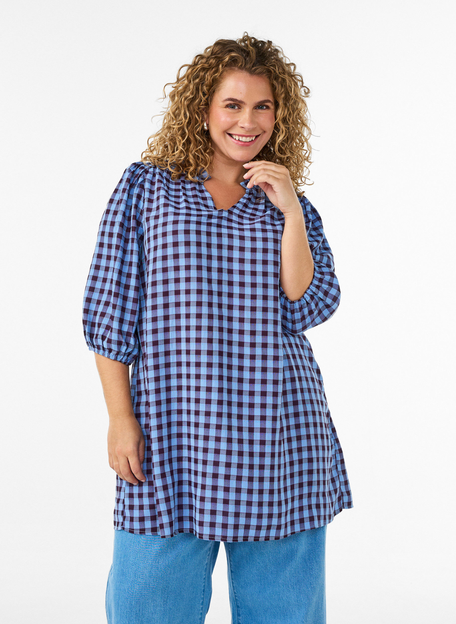 Tunika mit Vichy-Karo und R&uuml;schenkragen, Blau, Model