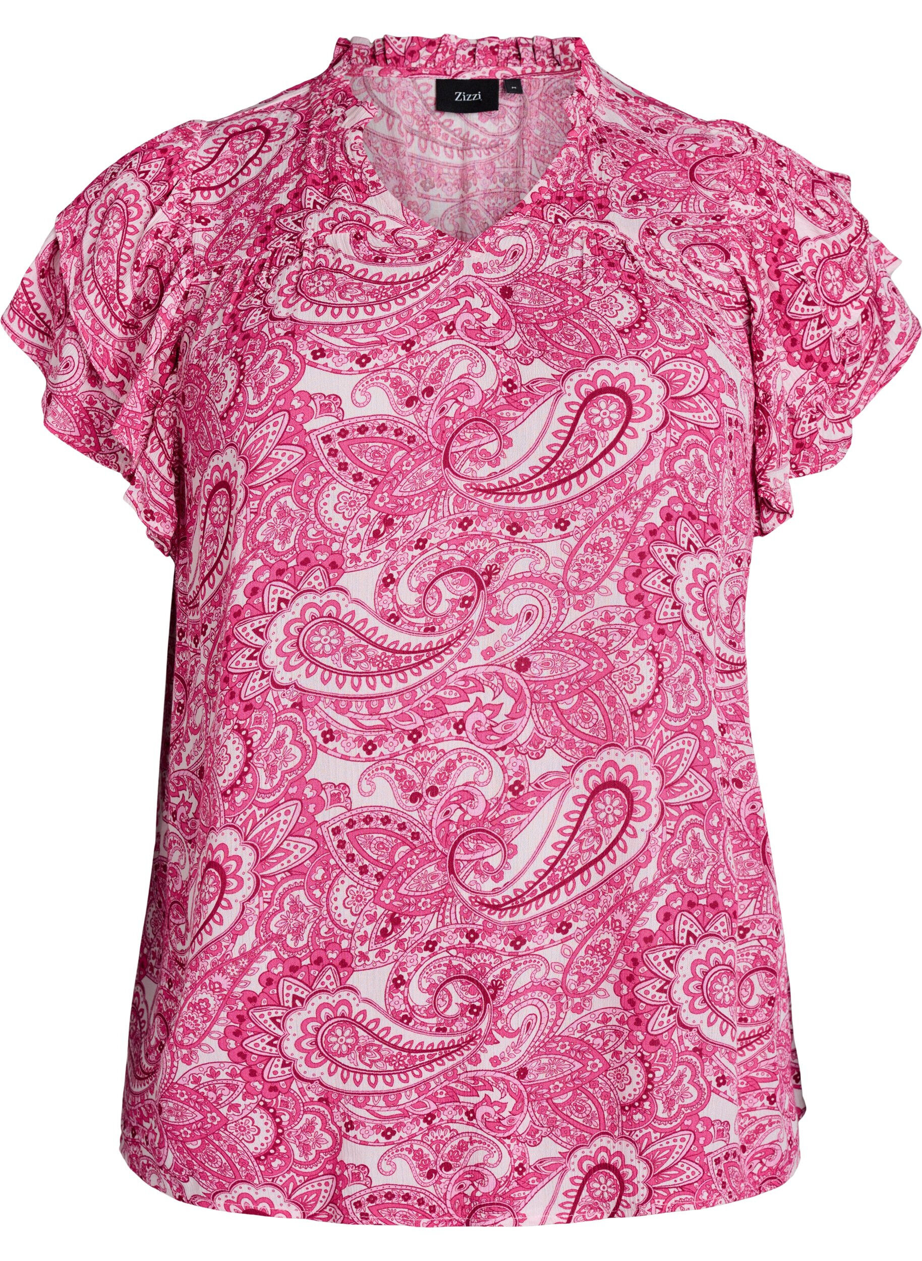 Zizzi Gemusterte Bluse aus Viskose mit R&uuml;schendetails, Pink, Packshot image number 0