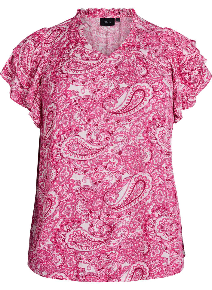 Gemusterte Bluse aus Viskose mit R&uuml;schendetails, Pink, Packshot image number 0