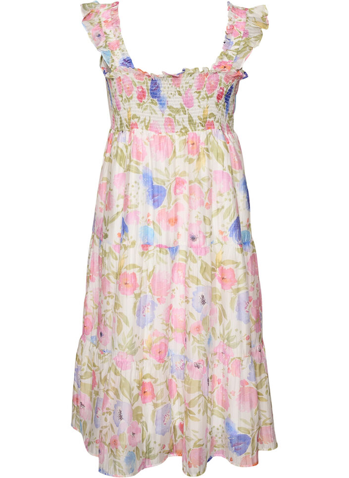 Langes gebl&uuml;mtes Kleid aus Lyocell mit R&uuml;schen, Wei&szlig;, Packshot image number 1