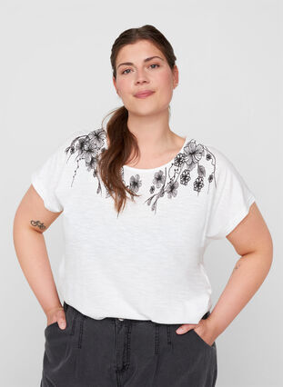 T-Shirt aus Baumwolle mit Printdetails, Bright White FLOWER, Model image number 0