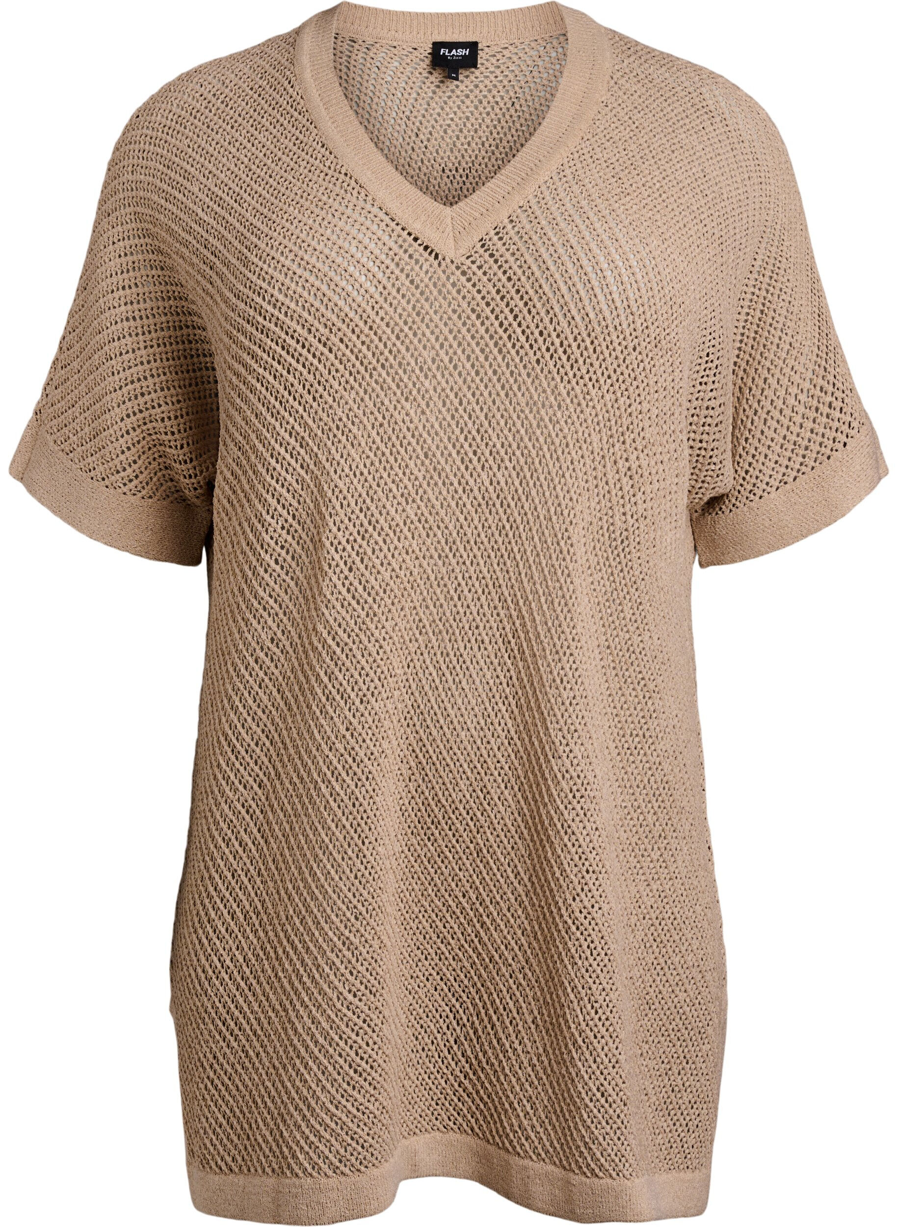 Zizzi FLASH - Kurzarmpullover mit V-Ausschnitt, Beige, Packshot image number 0