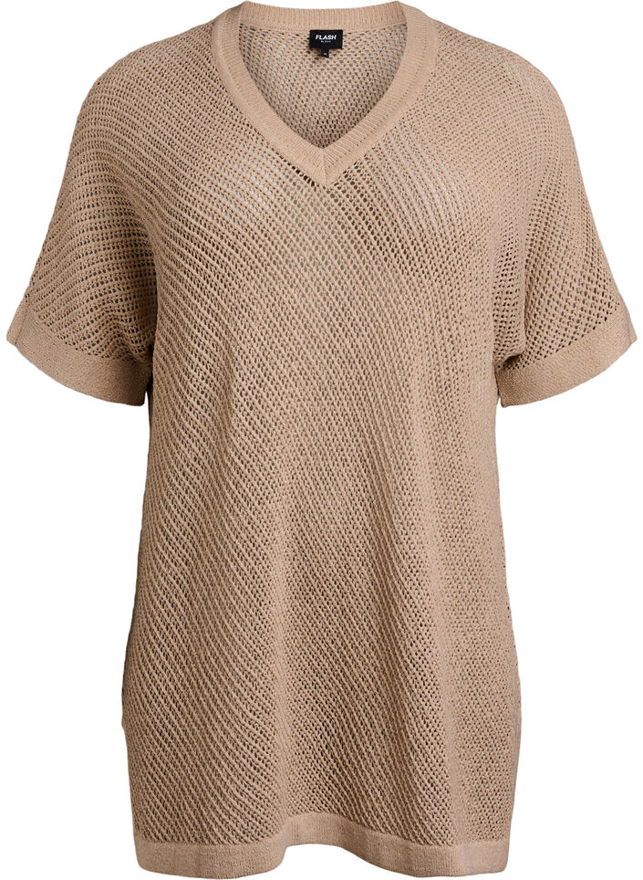FLASH - Kurzarmpullover mit V-Ausschnitt, Beige, Packshot image number 0