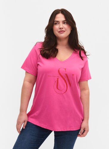 T-Shirt aus Baumwolle mit Druck, Shocking Pink SUN, Model image number 0