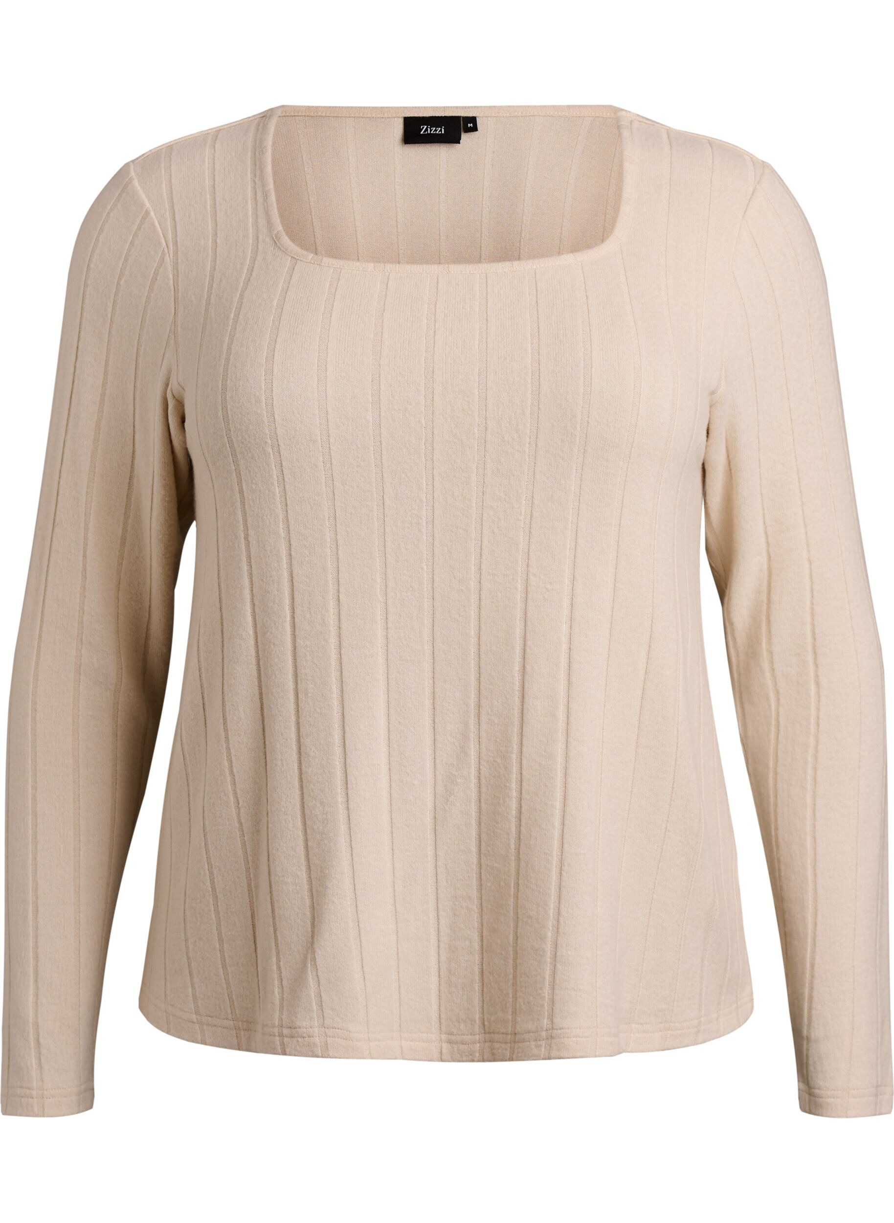 Zizzi Bluse aus Jersey mit eckigem Ausschnitt und Rippstruktur, Beige, Packshot image number 0