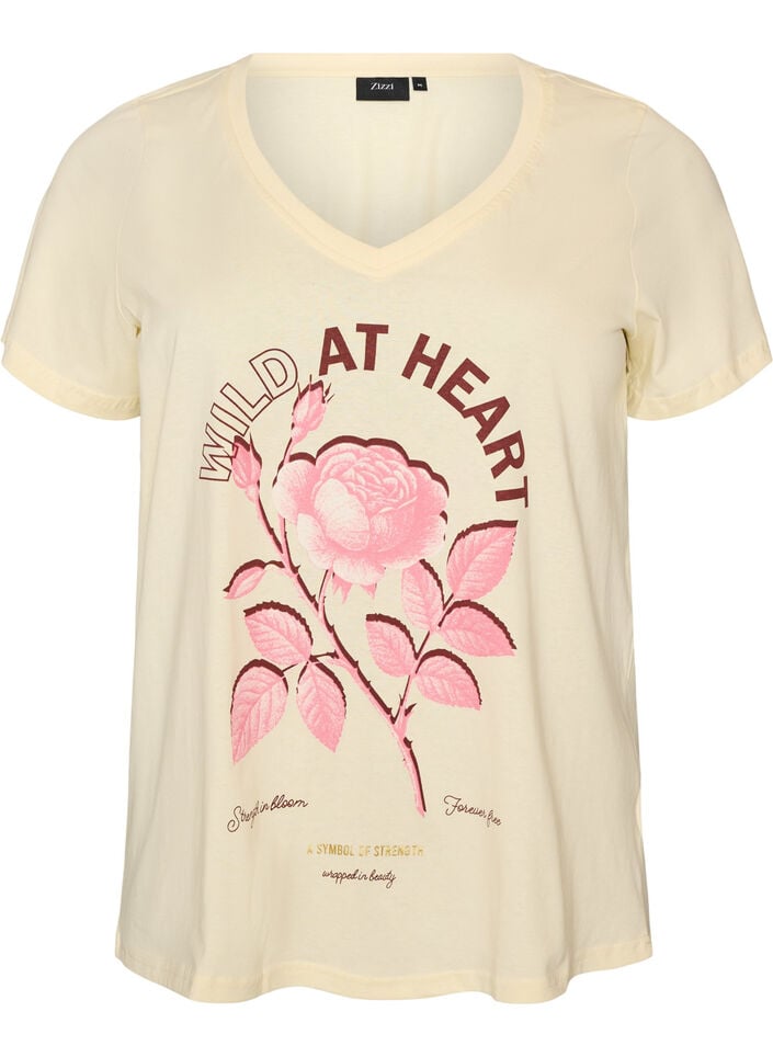 T-Shirt aus Baumwolle mit Frontprint und V-Ausschnitt, Beige, Packshot image number 0
