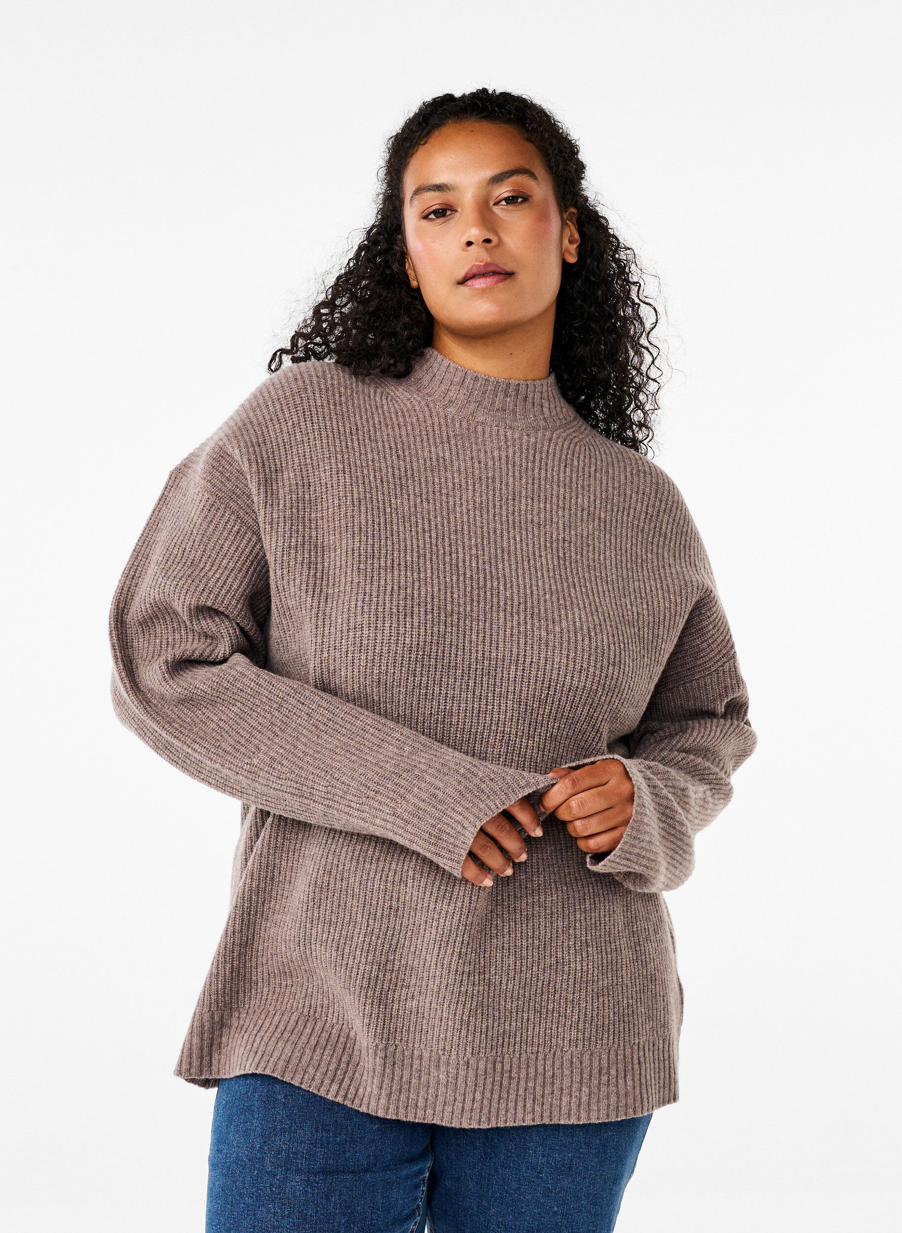 Zizzi Lockerer Strickpullover aus Merinowolle, Desert Taupe Mel., Model image number 0