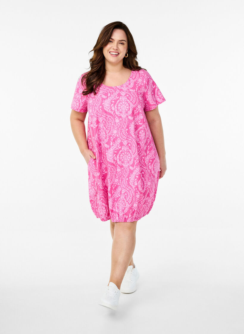 Kurz&auml;rmliges Baumwollkleid mit Print, Pink, Model image number 1