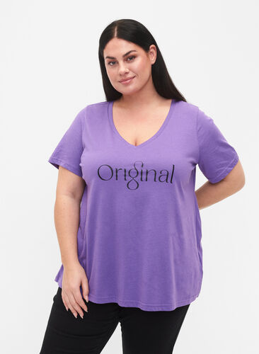 T-Shirt aus Baumwolle mit Druck und V-Ausschnitt , Deep Lavender ORI, Model image number 0