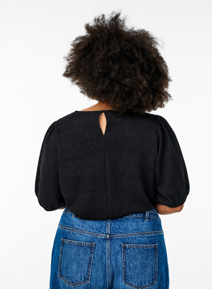 Strukturierte Bluse mit kurzen Ärmeln, Schwarz, Model image number 2