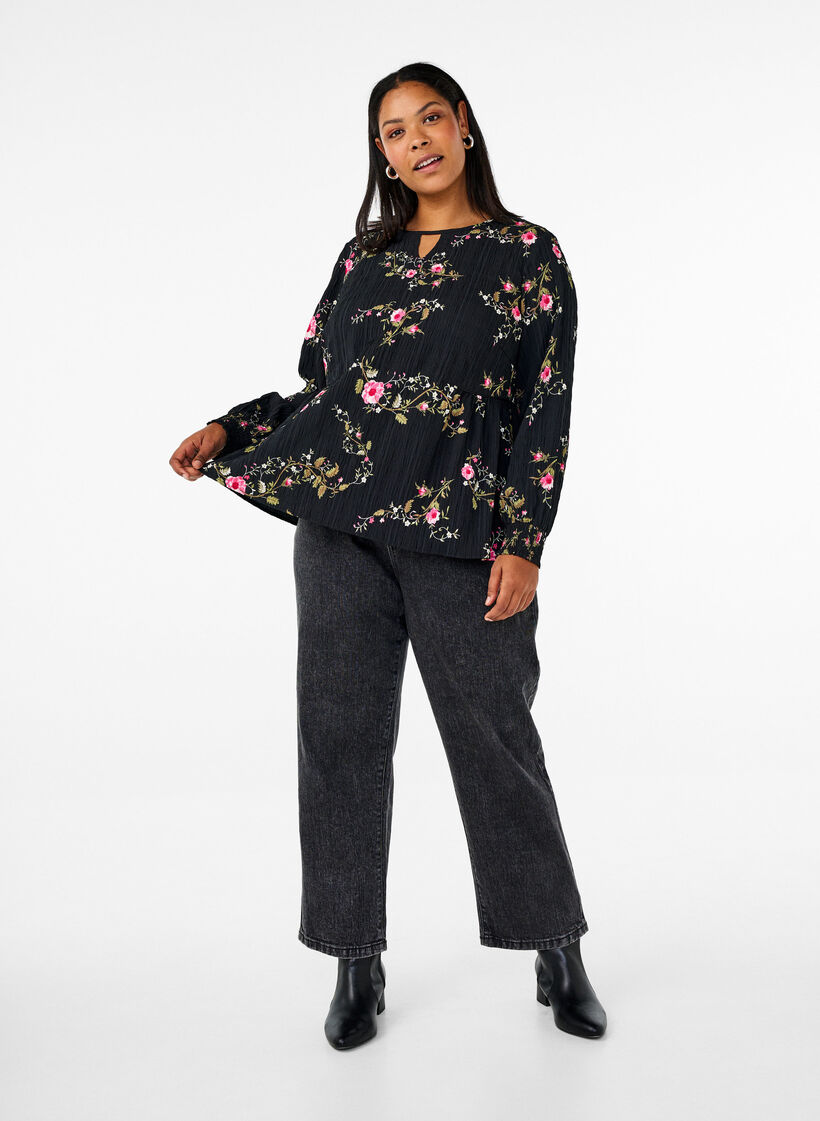Lang&auml;rmelige Bluse mit gebl&uuml;mtem Muster, Schwarz, Model image number 1