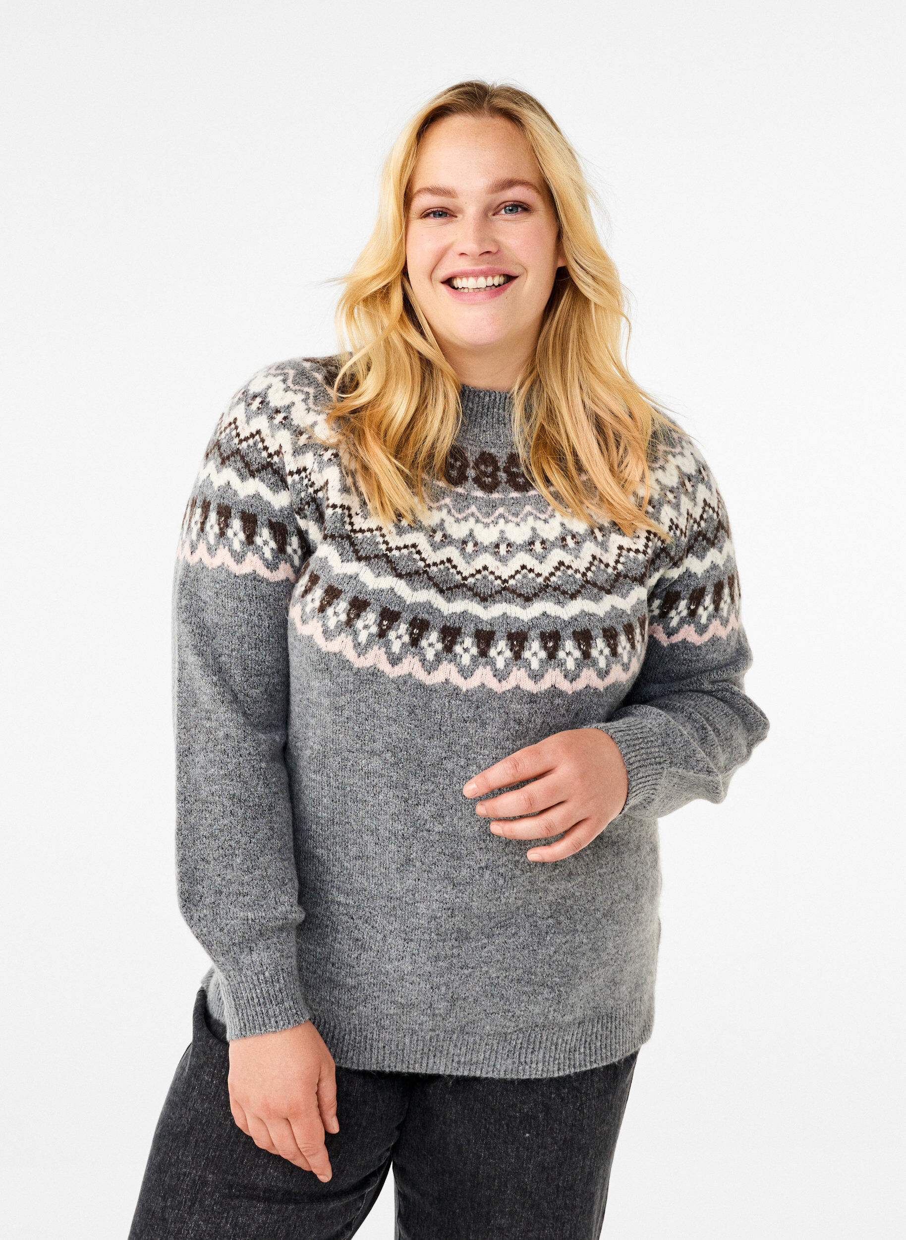 Zizzi Gestrickter Pullover mit Muster und langen &Auml;rmeln, Medium Grey Comb, Model image number 0