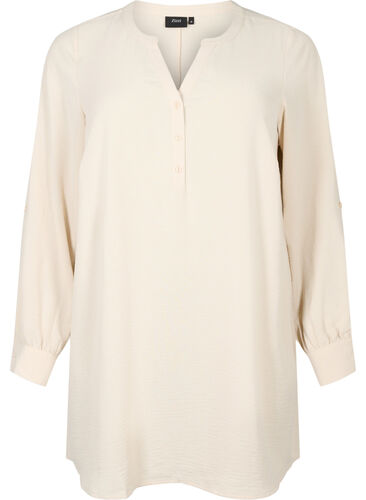 Solide Farbe Tunika mit V-Ausschnitt und Knöpfen, Warm Off-white, Packshot image number 0