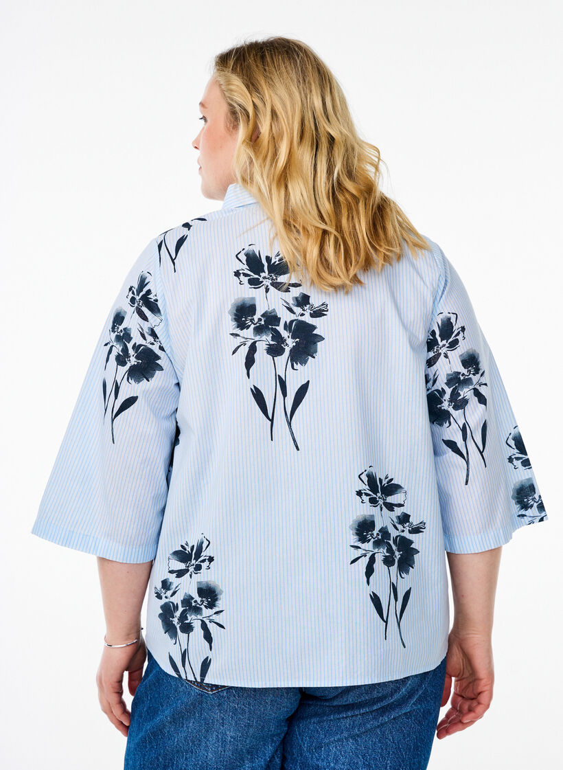 Gestreiftes Shirt mit Blumenprint und 3/4-Ärmeln, Blau, Model image number 2