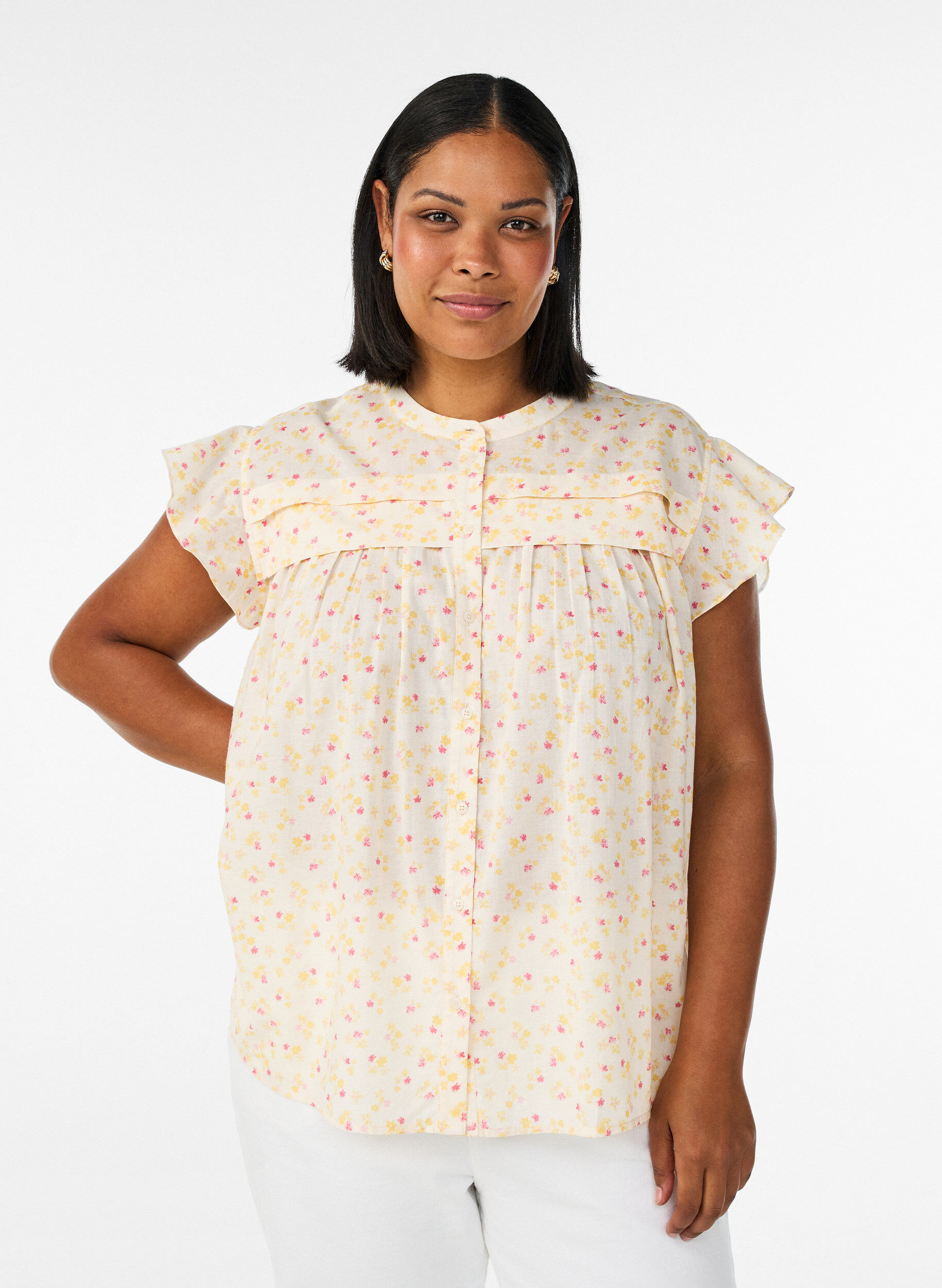 Zizzi&Auml;rmellose Hemdbluse in A-Linie aus Baumwolle, Gelb, Model image number 0