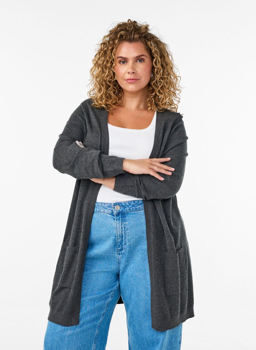 Lange Strickjacke aus einer Viskosemischung, Grau, Model image number 0
