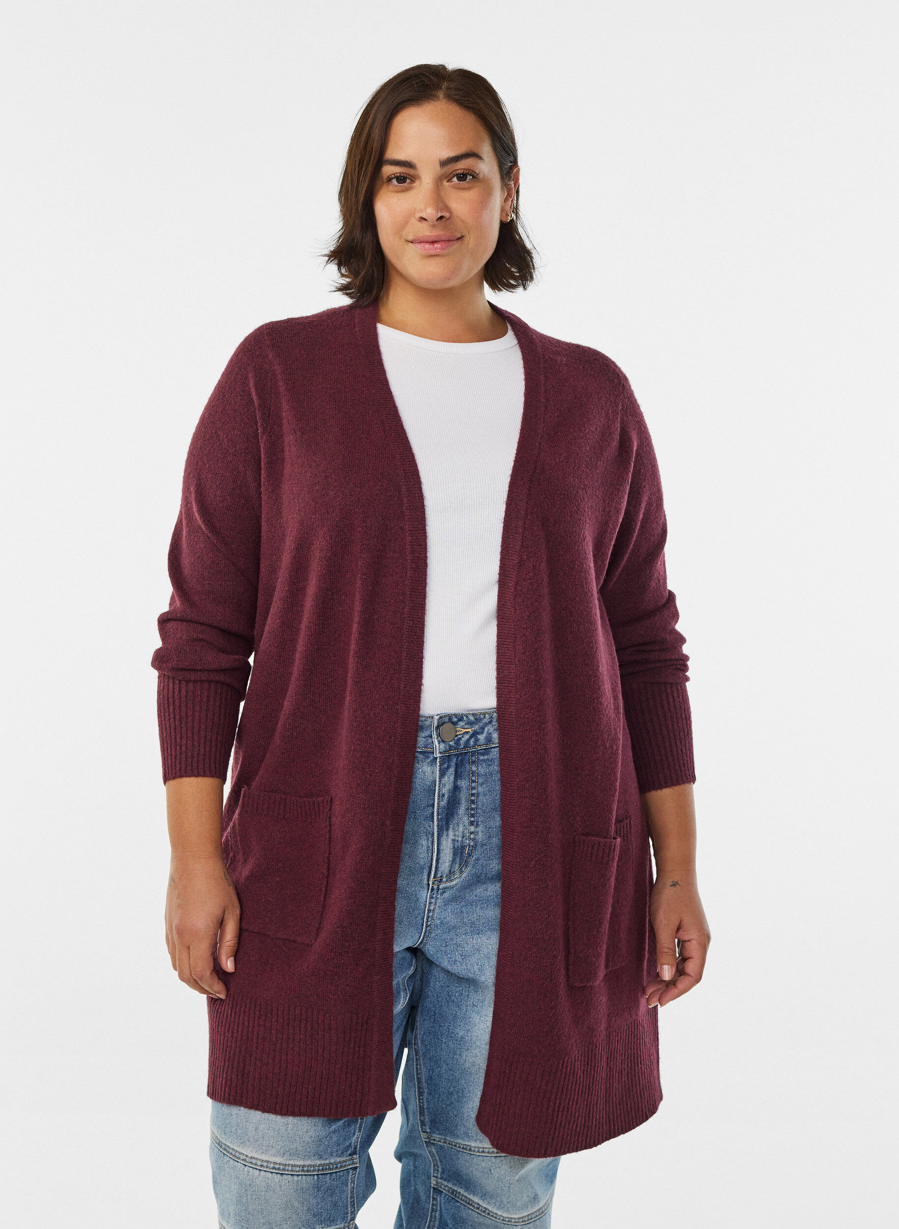 ZizziStrickjacke mit Rippenstrick und Taschen, Dunkles Bordeaux, Model image number 0