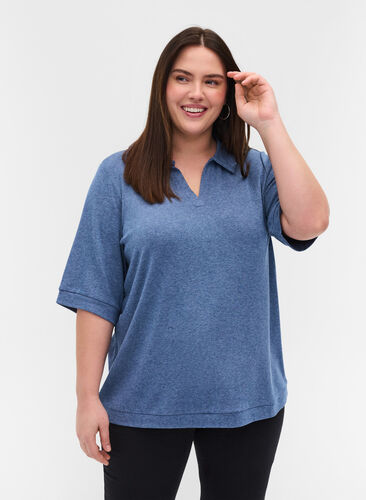 Melierte Bluse mit Kragen und 2/4-Ärmeln, Blue Melange, Model image number 0