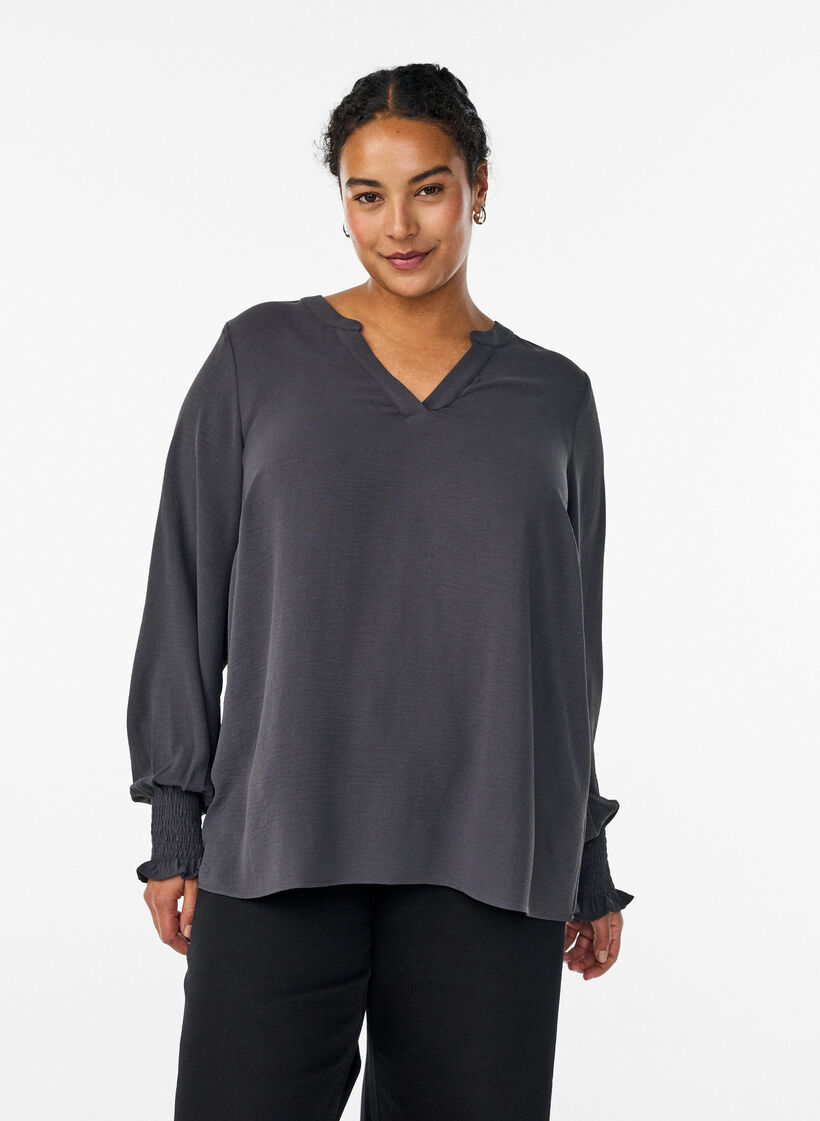 Bluse mit Smockb&uuml;ndchen und V-Ausschnitt, Grau, Model image number 0