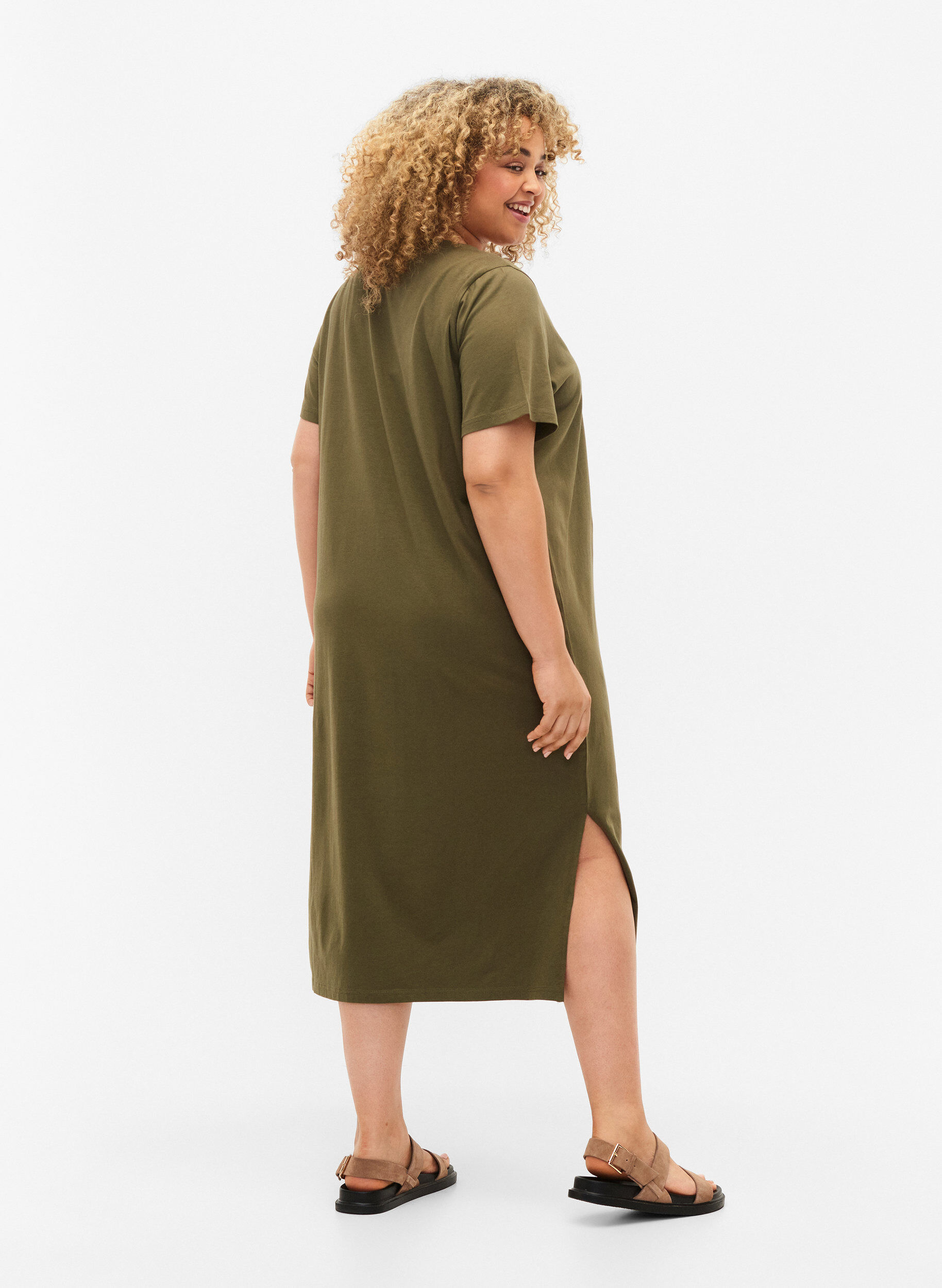 Zizzi Kurz&auml;rmeliges Baumwollkleid mit Schlitz, Ivy Green, Model image number 1