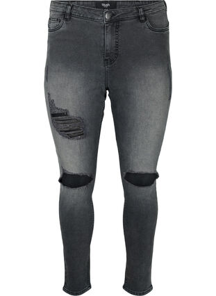 Eng anliegende Jeans mit Schlitzen, Grey Denim, Packshot image number 0