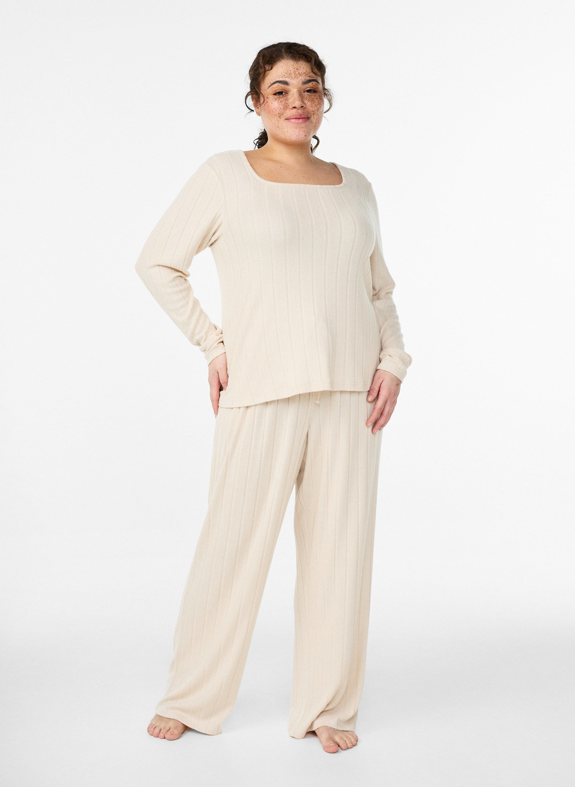 Loungehose aus geripptem Jersey mit hoher Taille, Beige, Model