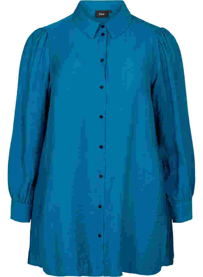 Lange einfarbige Hemdbluse aus Viskosemischung, Moroccan Blue, Packshot image number 0