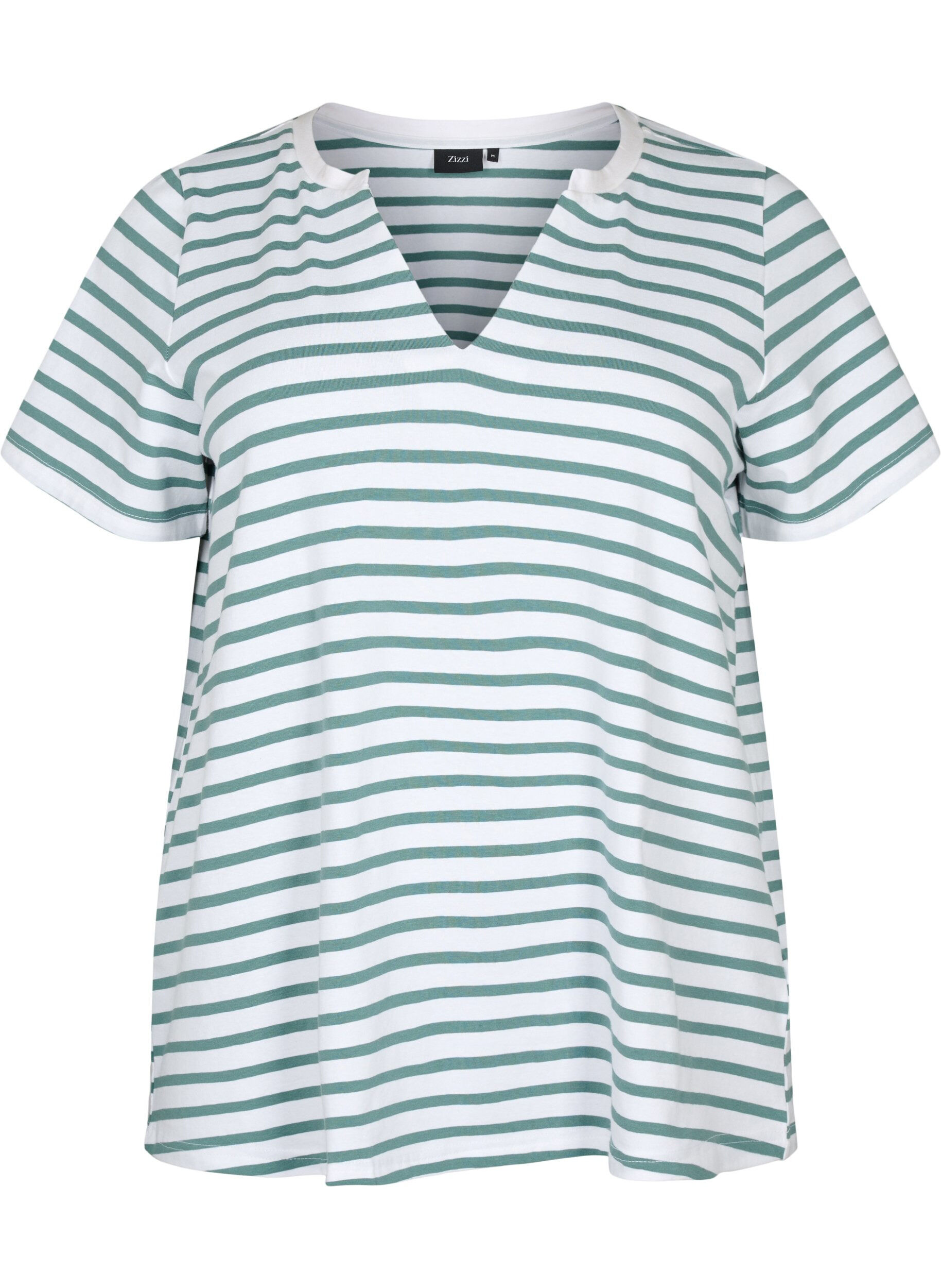 Zizzi Baumwoll-T-Shirt mit Streifen und V-Ausschnitt, B.White/SeaP.Stripes, Packshot image number 0