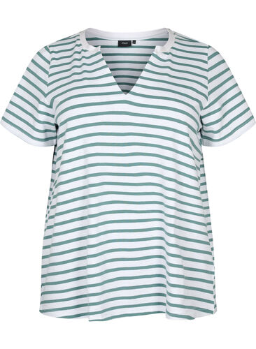 Baumwoll-T-Shirt mit Streifen und V-Ausschnitt, B.White/SeaP.Stripes, Packshot image number 0