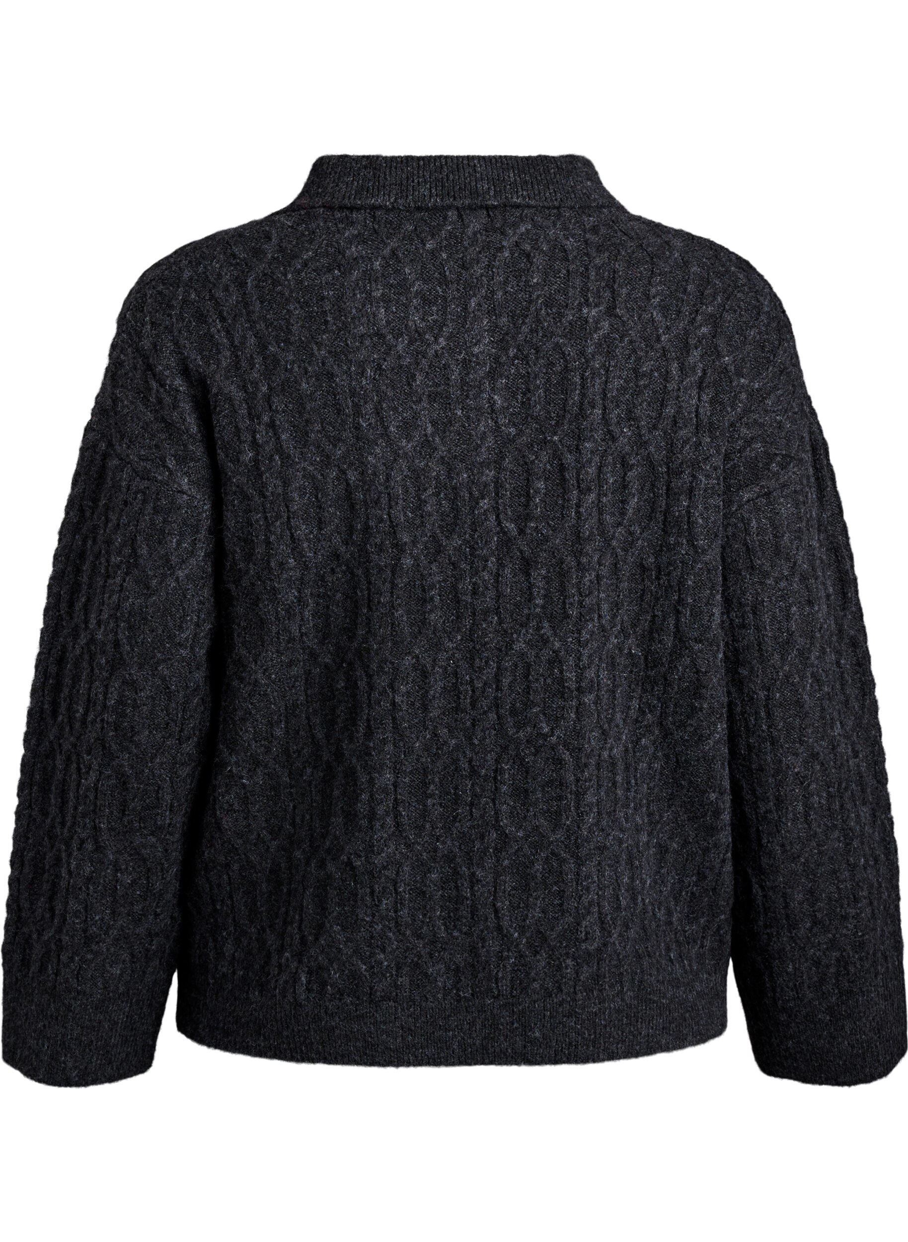 Zizzi Zopfmuster-Pullover mit Polokragen, Grau, Packshot image number 1