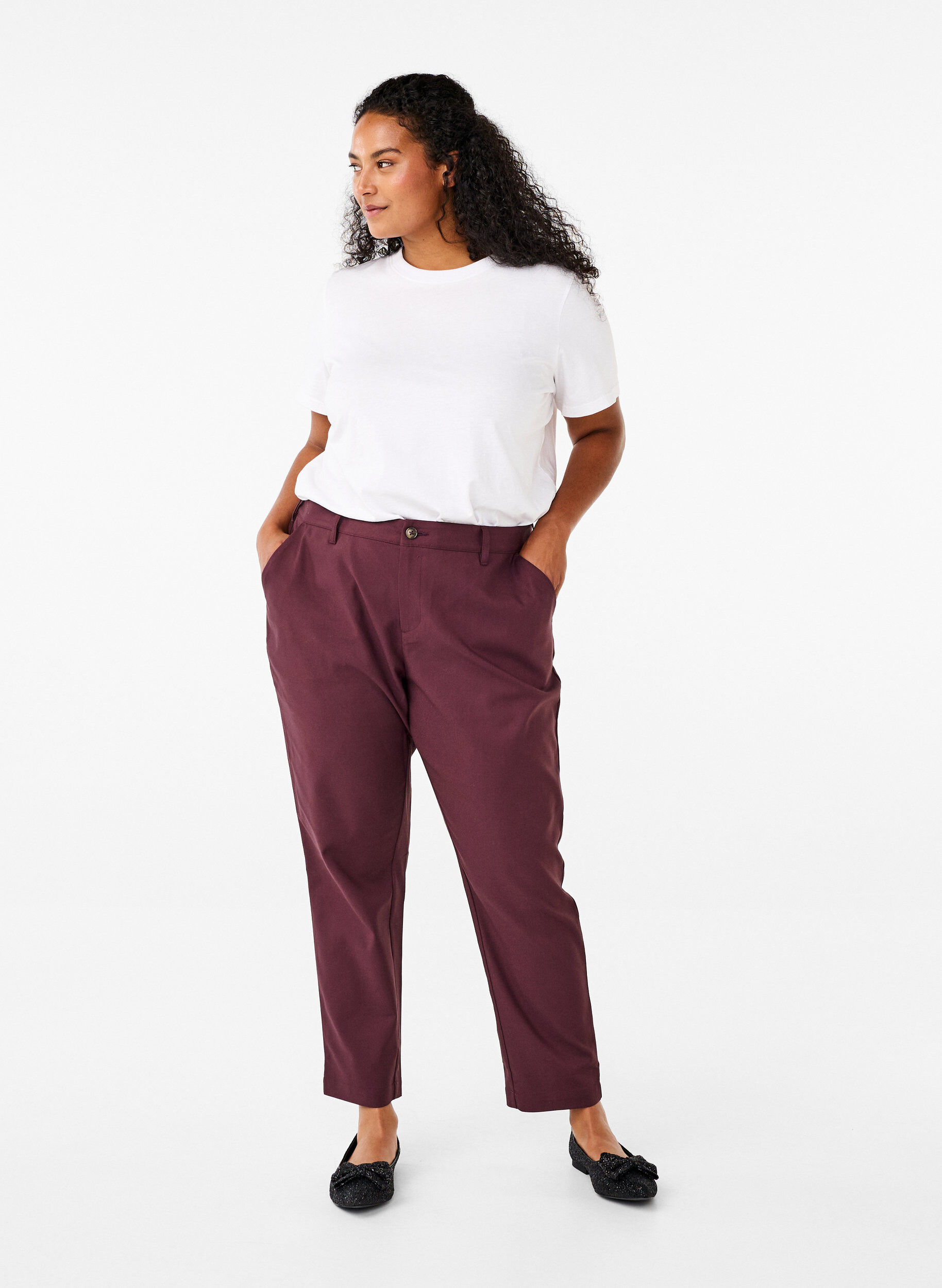 Zizzi Hose mit hohem Bund und geradem Bein, Dunkles Bordeaux, Model image number 0