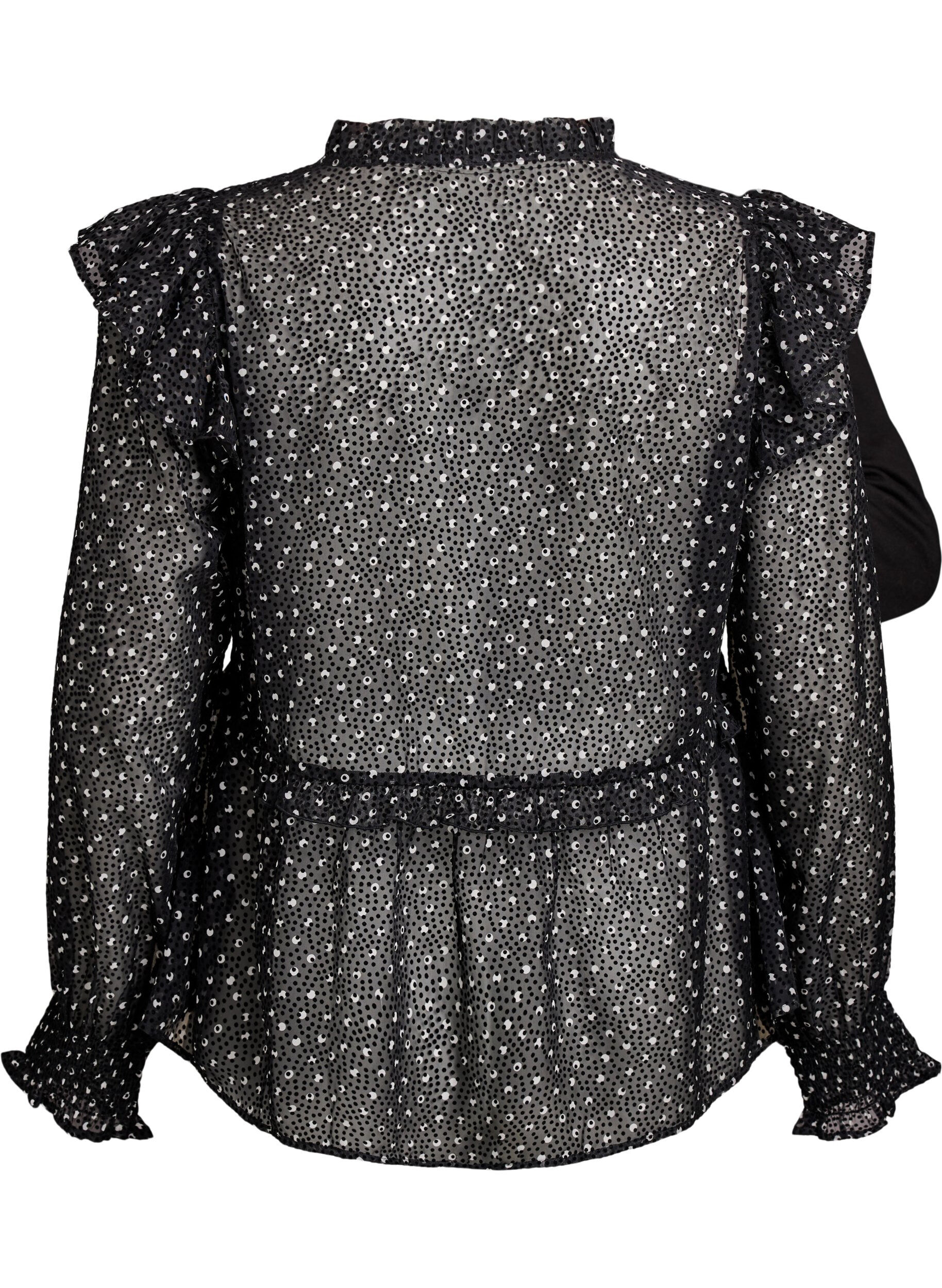 Zizzi Bluse aus Chiffon mit R&uuml;schendetails und kleinen Punkten, Schwarz, Packshot image number 1