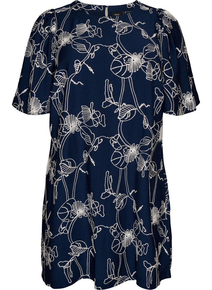 Kurzes A-Linienkleid mit Stickmuster, Blau, Packshot image number 0