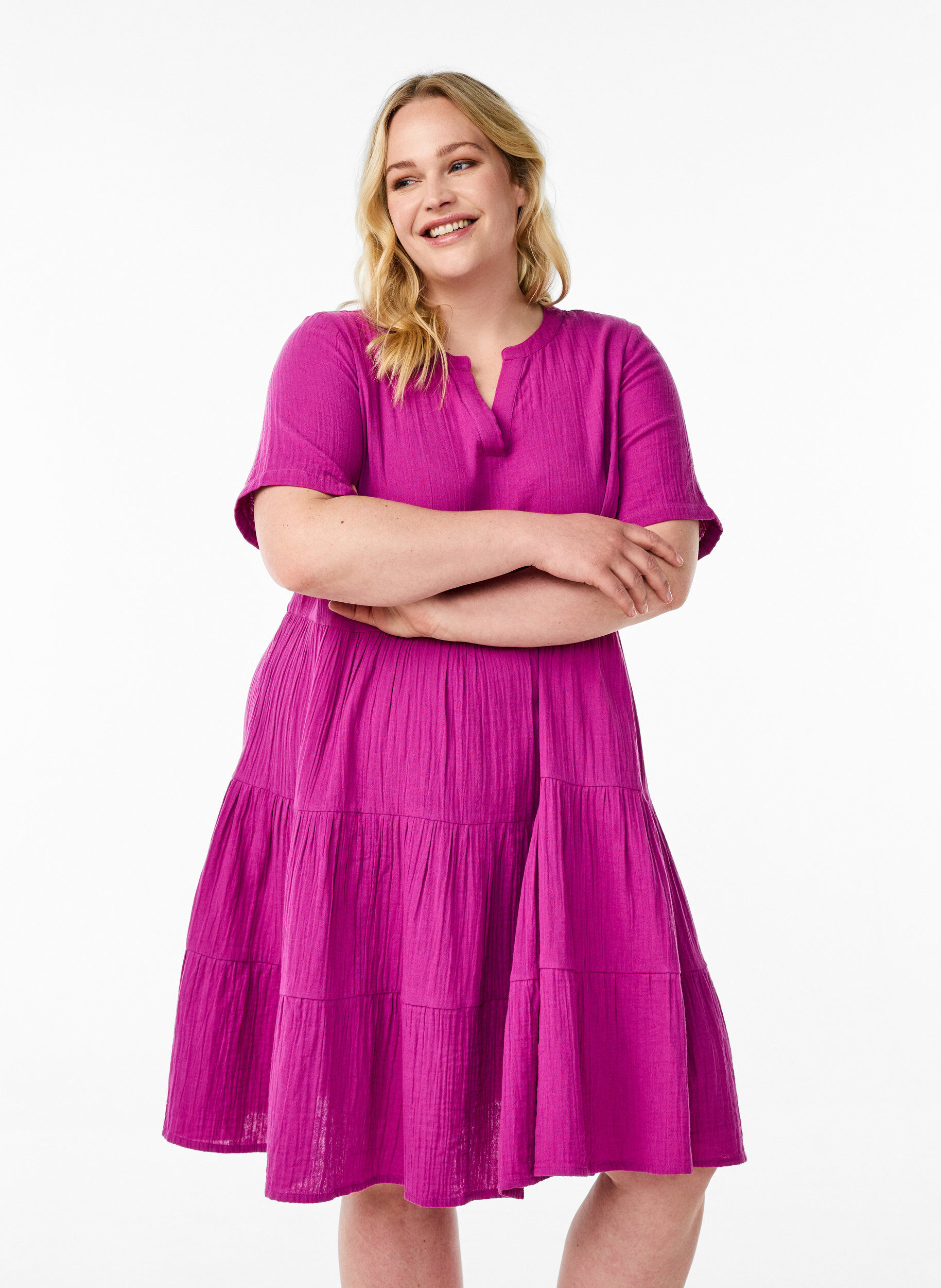 Zizzi Knielanges Kleid aus Baumwollmusselin mit A-Linien-Schnitt, Lila, Model image number 0