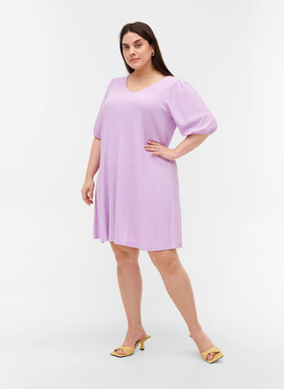 Kleid mit Puffärmeln und V-Ausschnitt, Purple Rose, Model image number 2