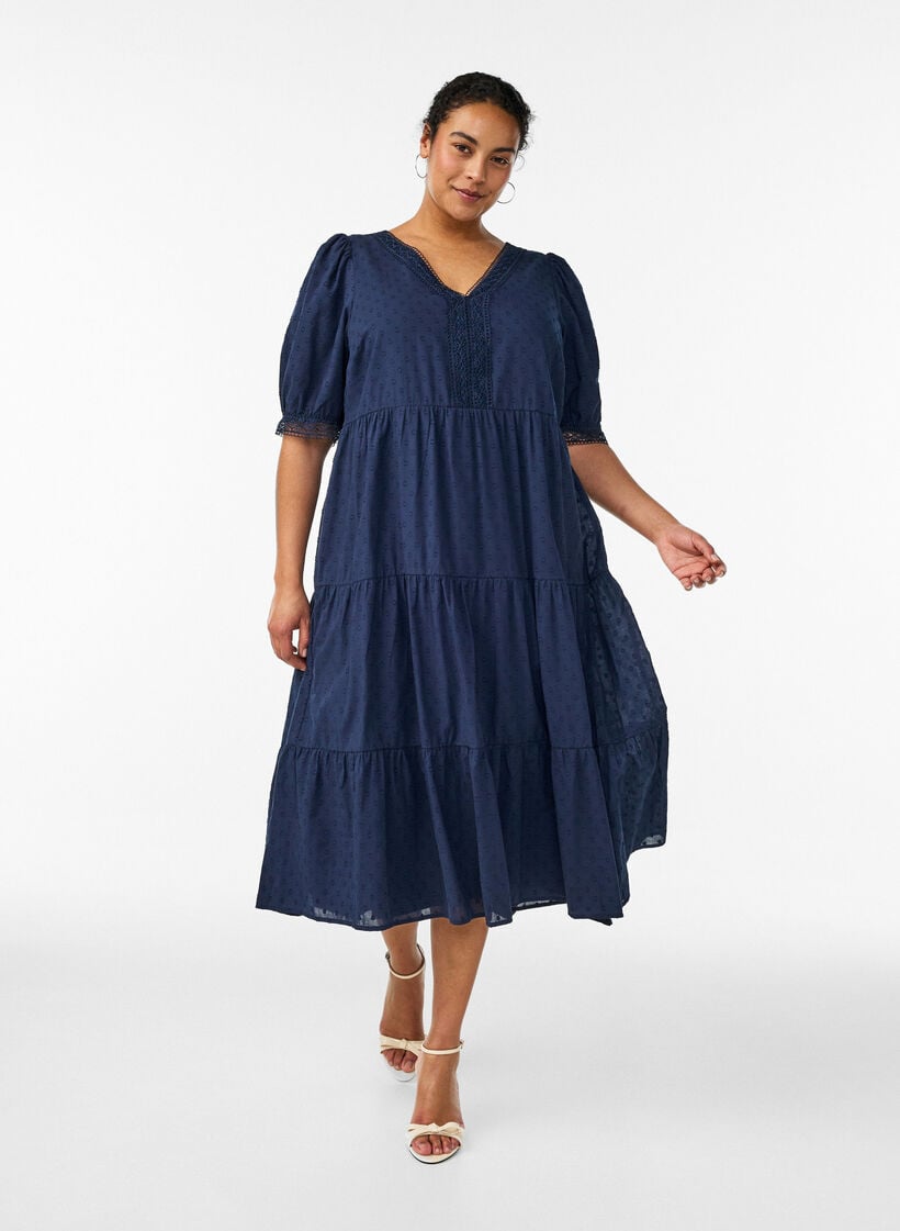 Midikleid aus strukturierter Baumwolle mit H&auml;keldetails, Blau, Model image number 0