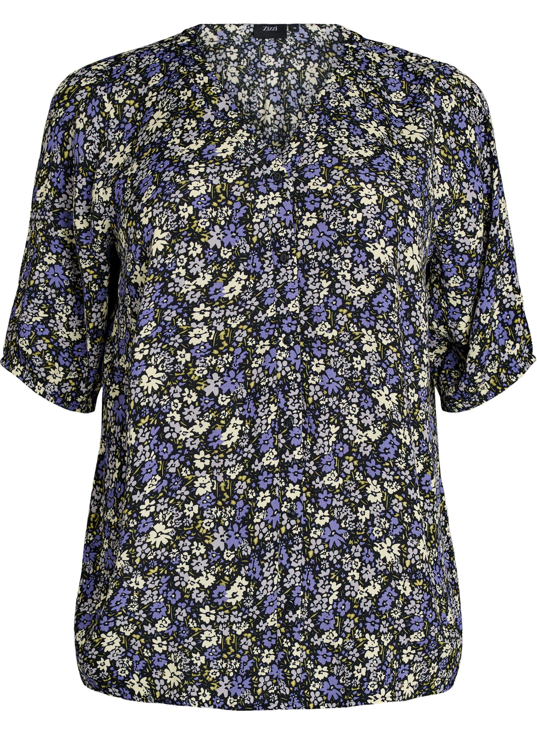 Zizzi Bluse aus Viskose mit Print und Knopfverschluss, Schwarz, Packshot image number 0