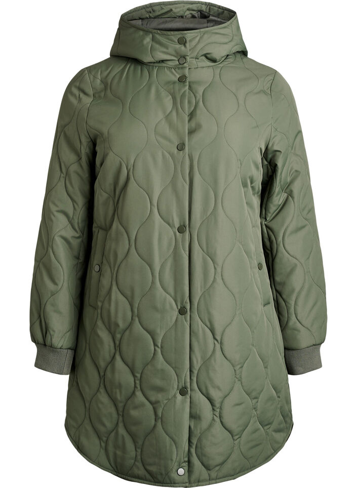 Mittellange Steppjacke mit Kapuze, Gr&uuml;n, Packshot image number 0