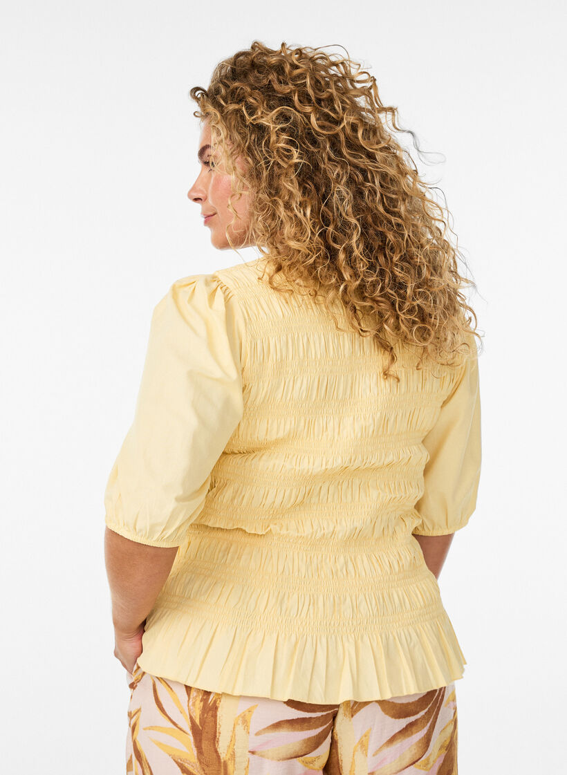 Smockbluse mit R&uuml;schensaum und U-Boot-Ausschnitt, Gelb, Model image number 2