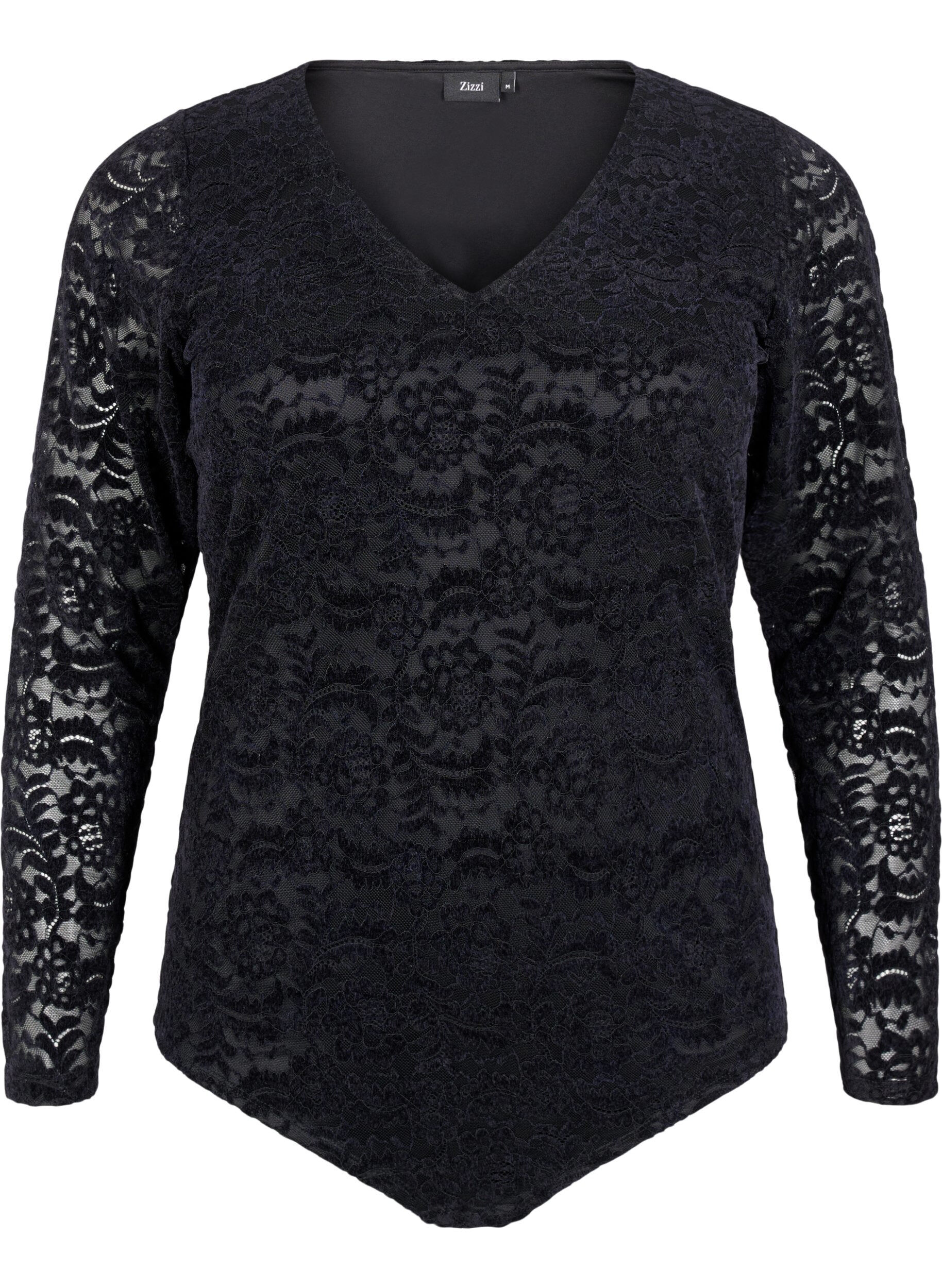 Zizzi Spitzen-Body mit langen &Auml;rmeln, Black, Packshot image number 0