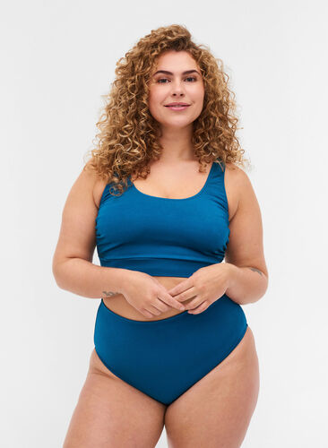 Hochtailliertes Bikiniunterteil mit Print, Ink Blue, Model image number 0