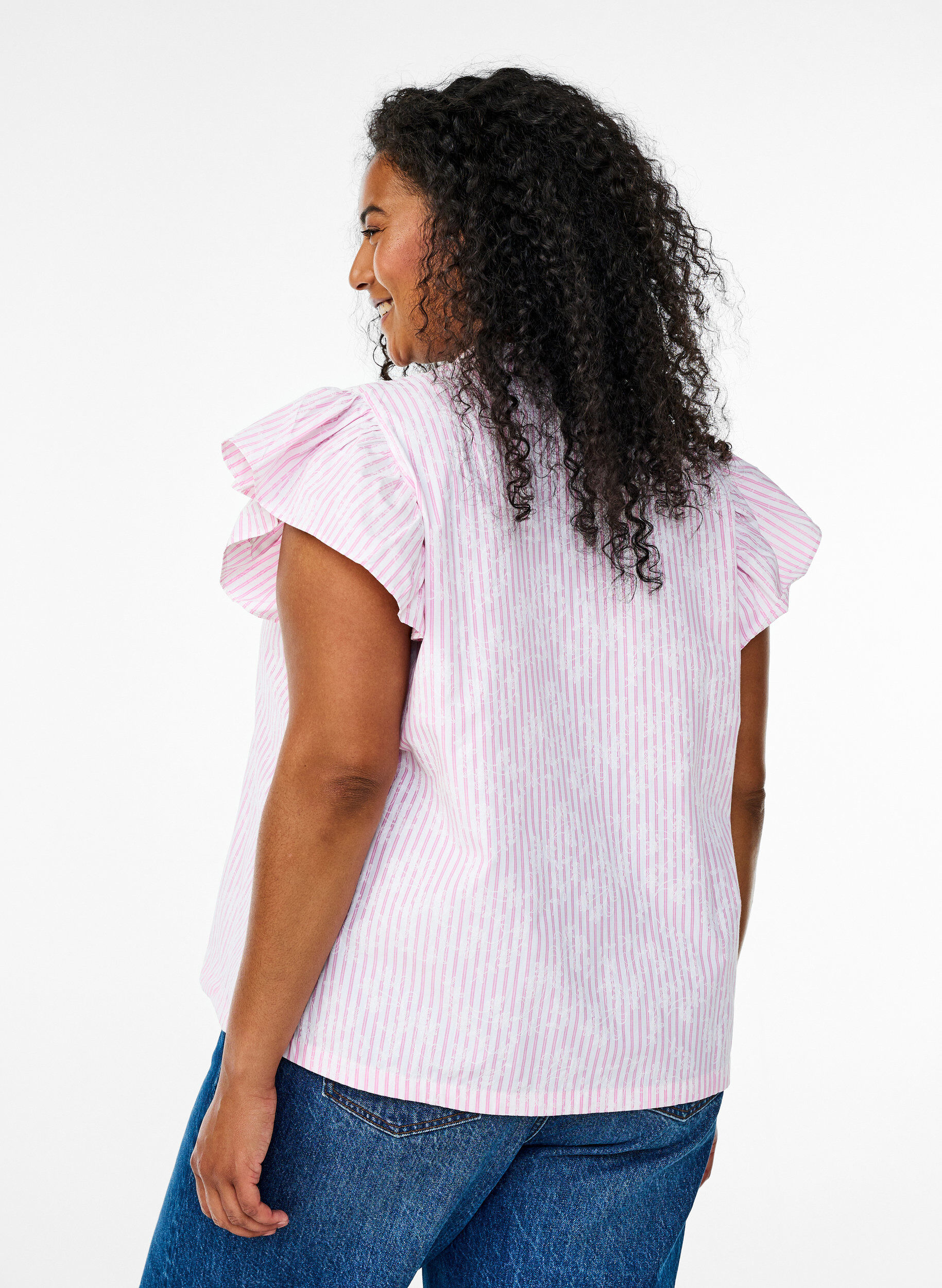 Zizzi &Auml;rmellose Bluse mit Streifen und Blumendruck, Pink, Model image number 2