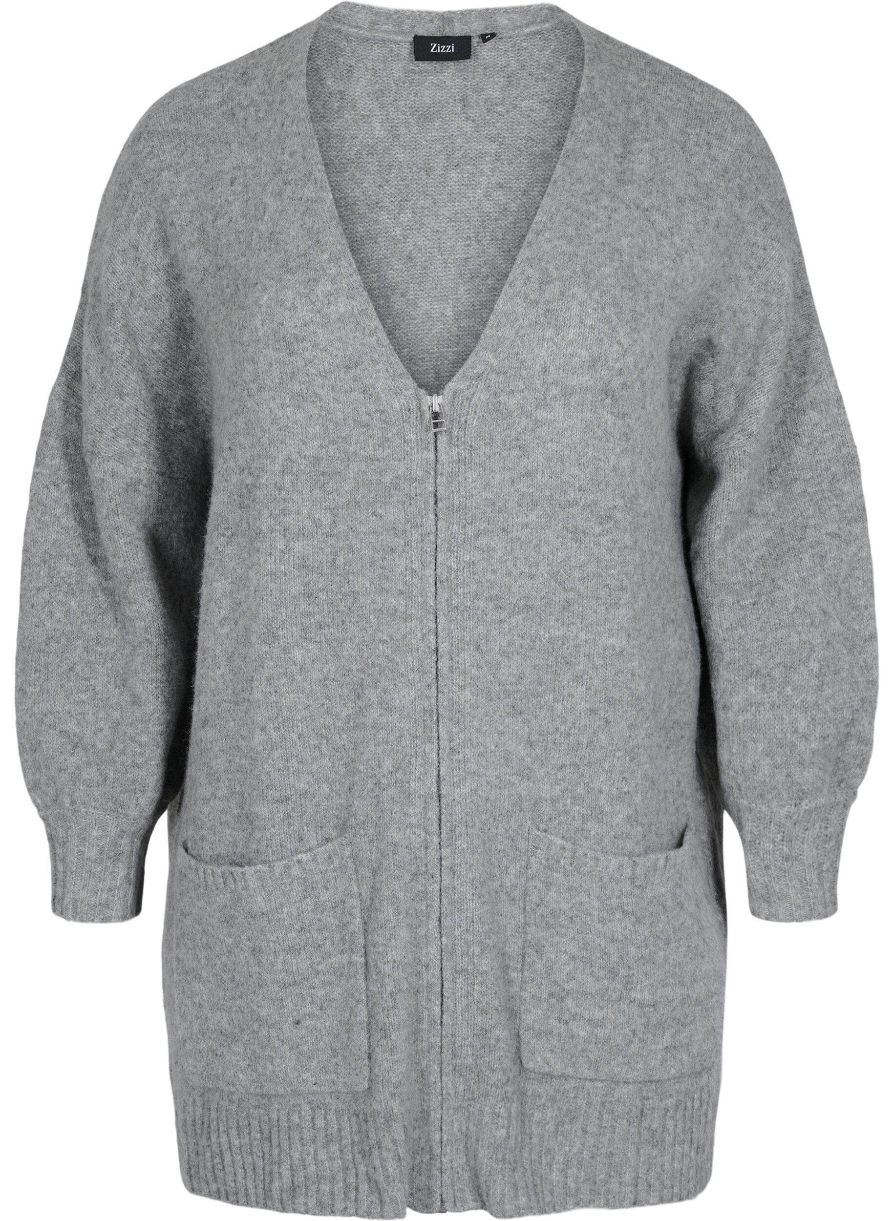 Zizzi Langer Strick-Cardigan mit Rei&szlig;verschluss und Taschen, Medium Grey Melange, Packshot image number 0